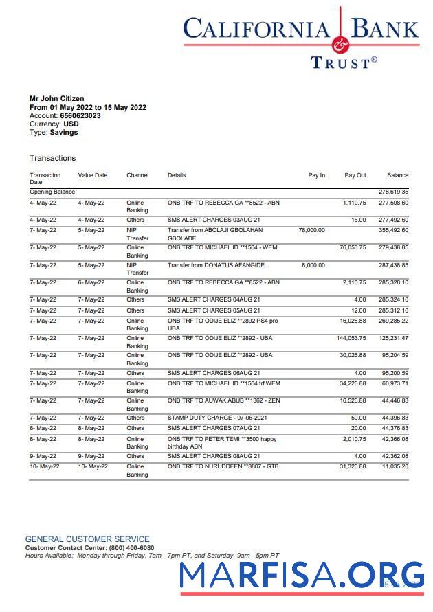 Printable USA California Bank Trust statement word sample
